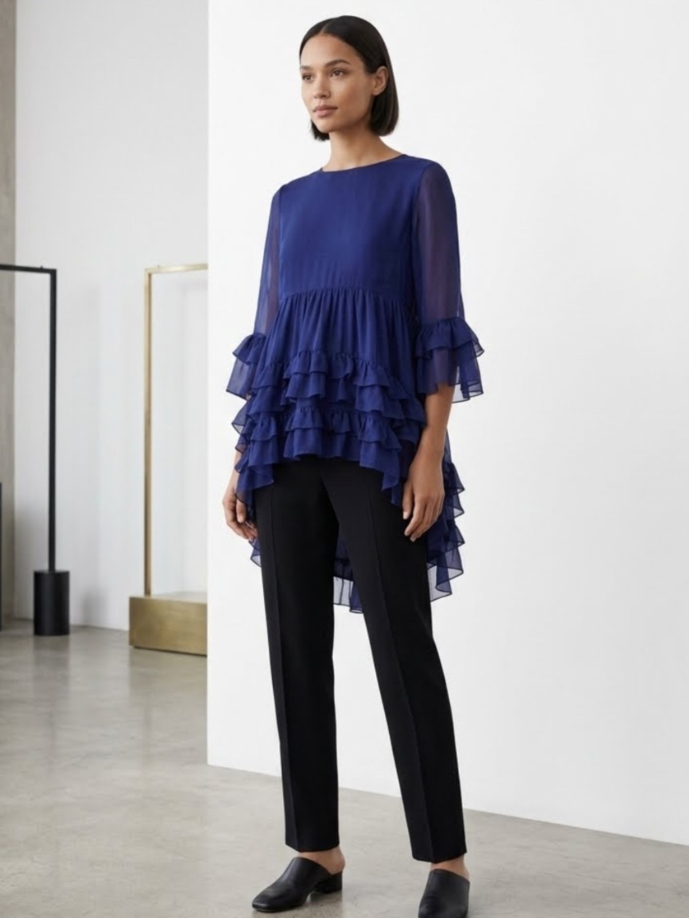 Frederick Anderson collection blue silk ruffle blouse tunic